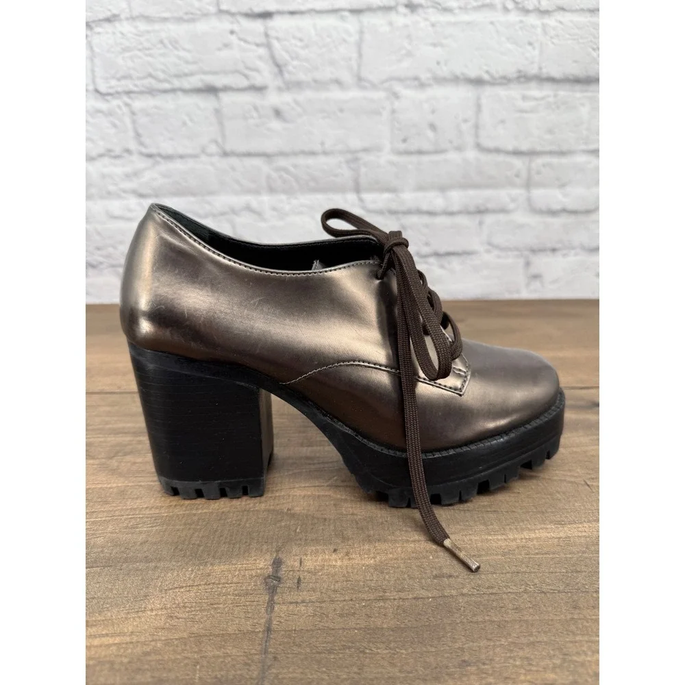 Schutz Metallic Platform Heels Womens 37 Bronze Lace Up Lug Sole Chunky Y2K